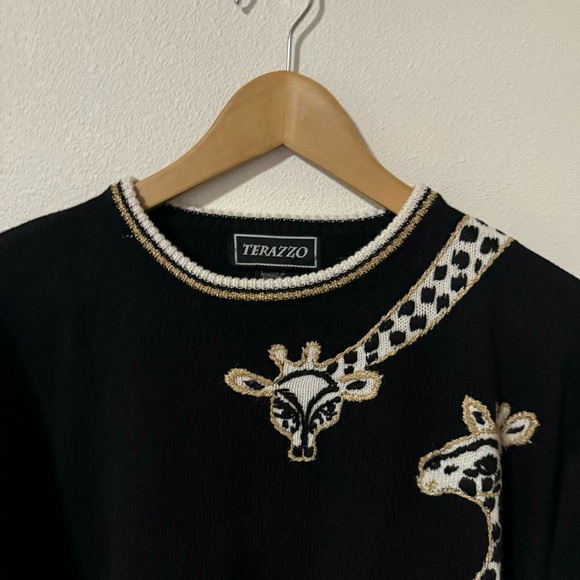 Vintage Terazzo Metallic Wrap Around Giraffe Sweater Black Patch Pockets X-Large - Picture 3 of 9